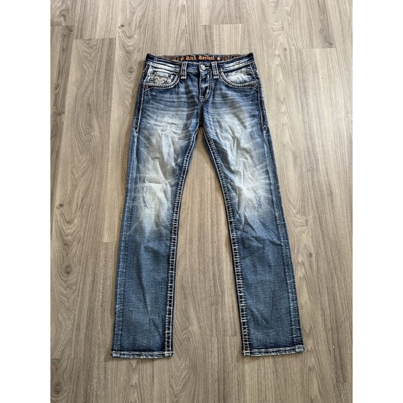 New Rock Revival Men’s Blue Denim Distressed Jeans BURRO Straight RED Size 32x33